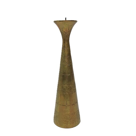 Vintage Other - Tall Etched Solid Brass Candlestick Holder Ornate Indian Brass